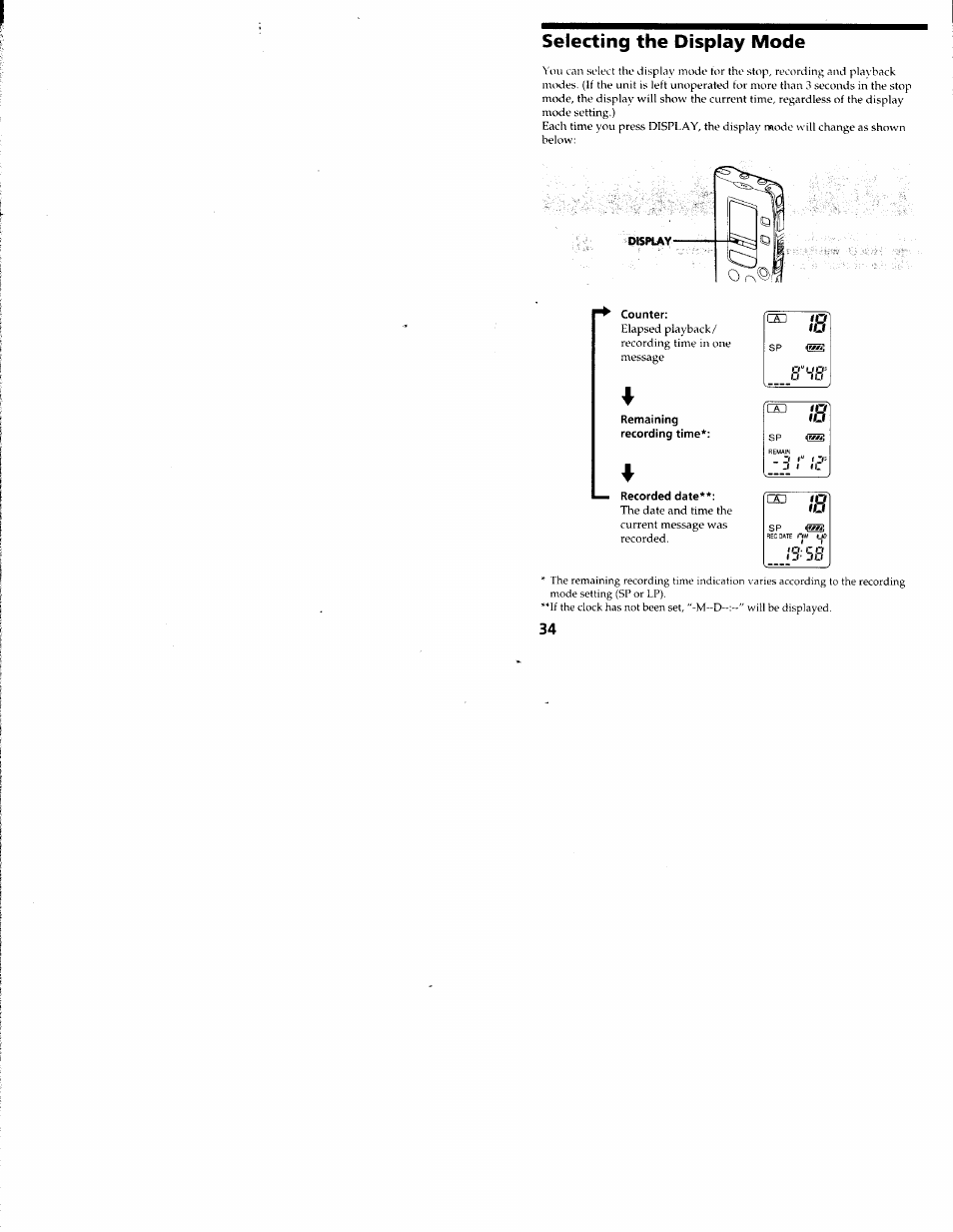 Selecting the display mode, Counter, Remaining recording time | Sony ICD-R100VTP User Manual | Page 35 / 50