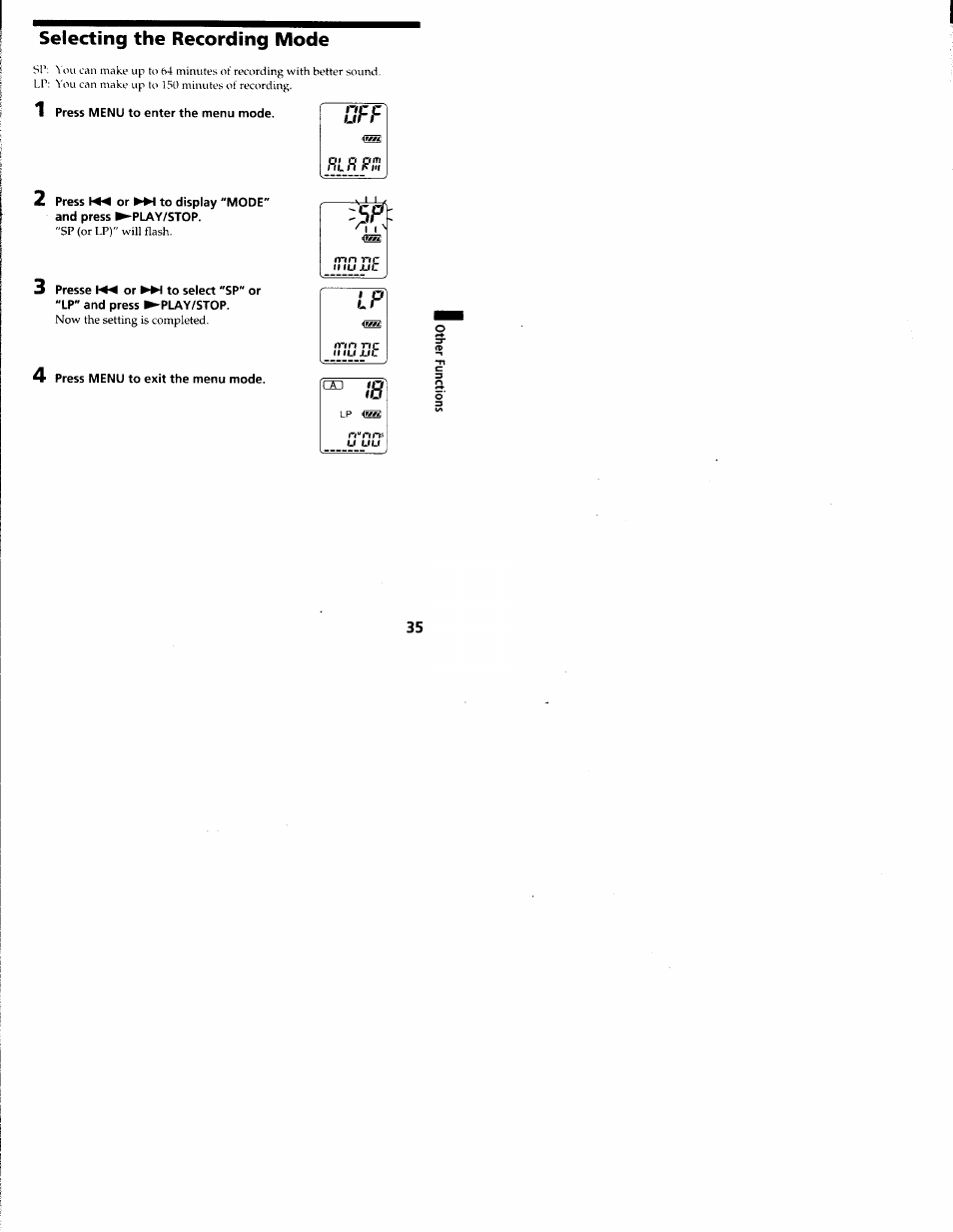 Selecting the recording mode, Mri nr | Sony ICD-R100VTP User Manual | Page 36 / 50