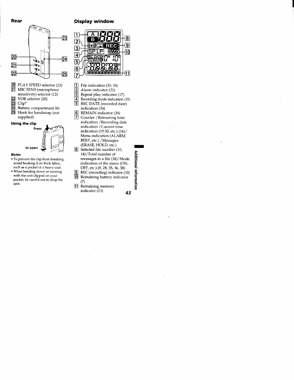 Display window, Rear display window | Sony ICD-R100VTP User Manual | Page 44 / 50