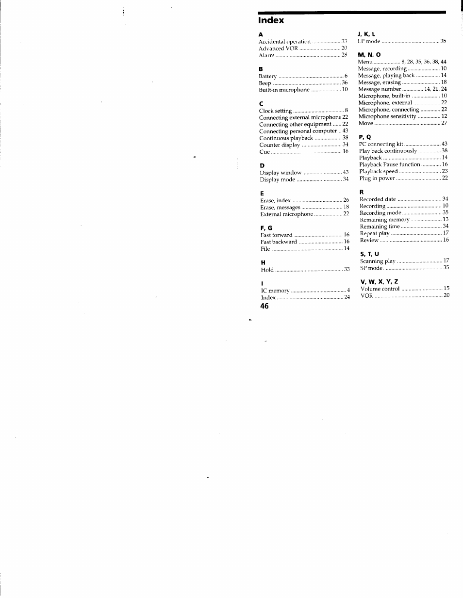 Index | Sony ICD-R100VTP User Manual | Page 47 / 50