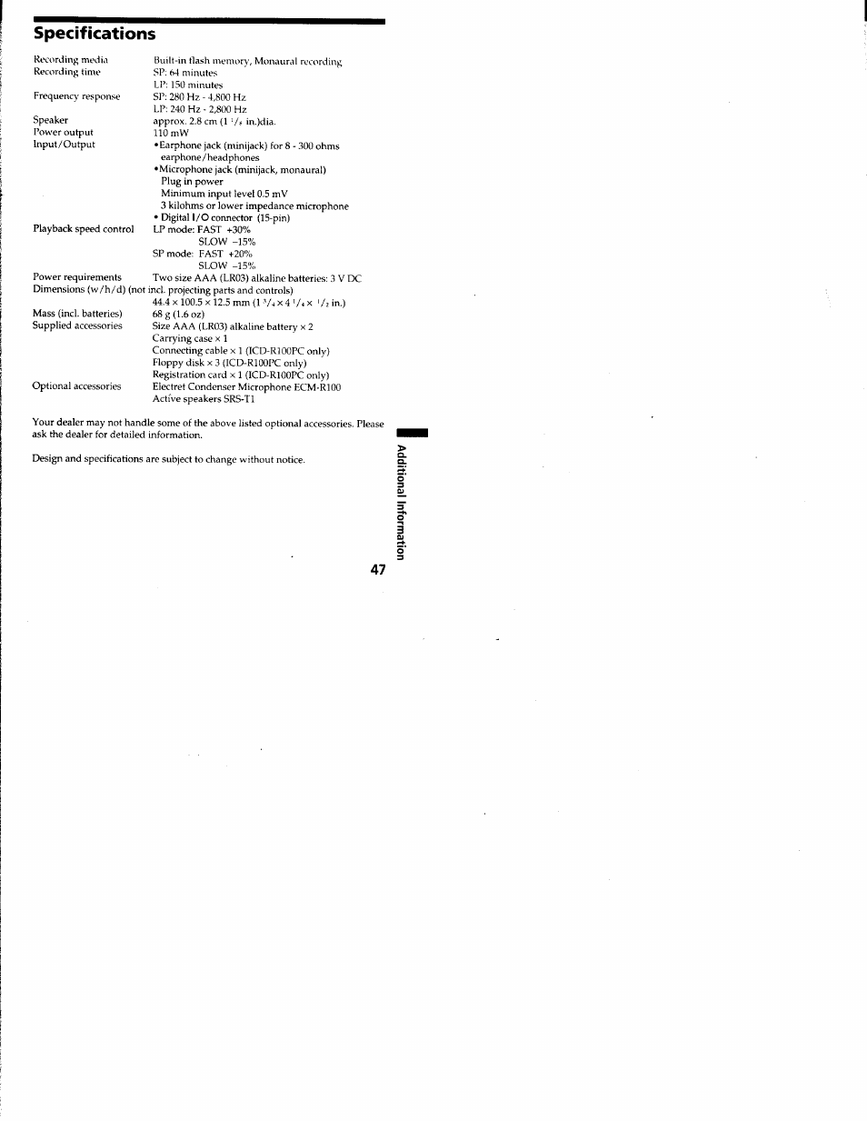 Specifications | Sony ICD-R100VTP User Manual | Page 48 / 50