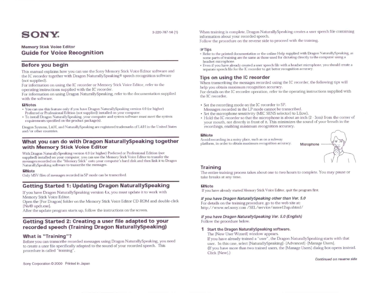 Memory stick voice editor, Guide for voice recognition, N notes | Note, What is "training, Tips on using the ic recorder, Training, 1 start the dragon naturallyspeaking software, Guide for voice recognition before you begin | Sony ICD-R100VTP User Manual | Page 49 / 50