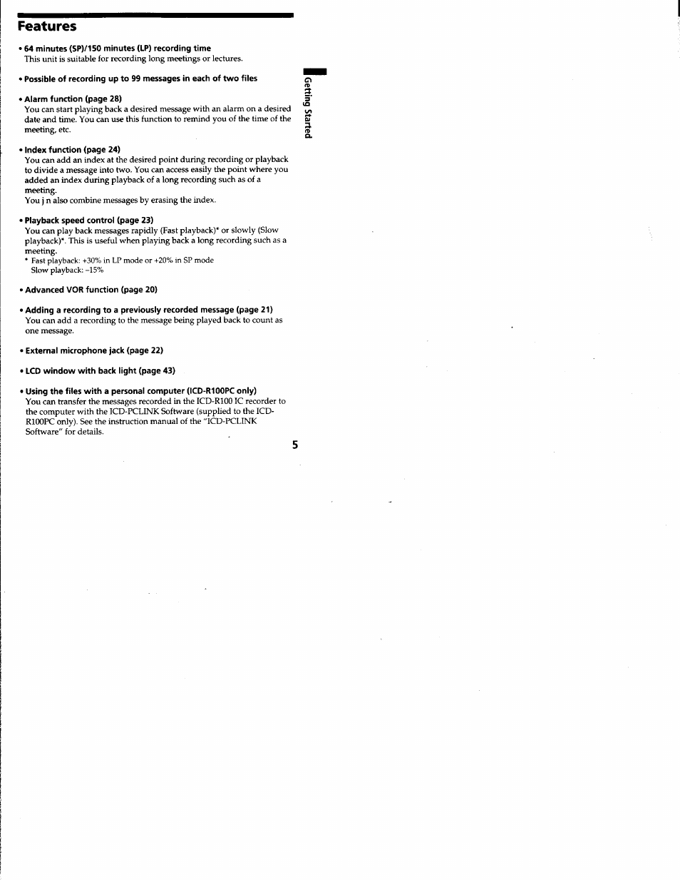 Features | Sony ICD-R100VTP User Manual | Page 6 / 50