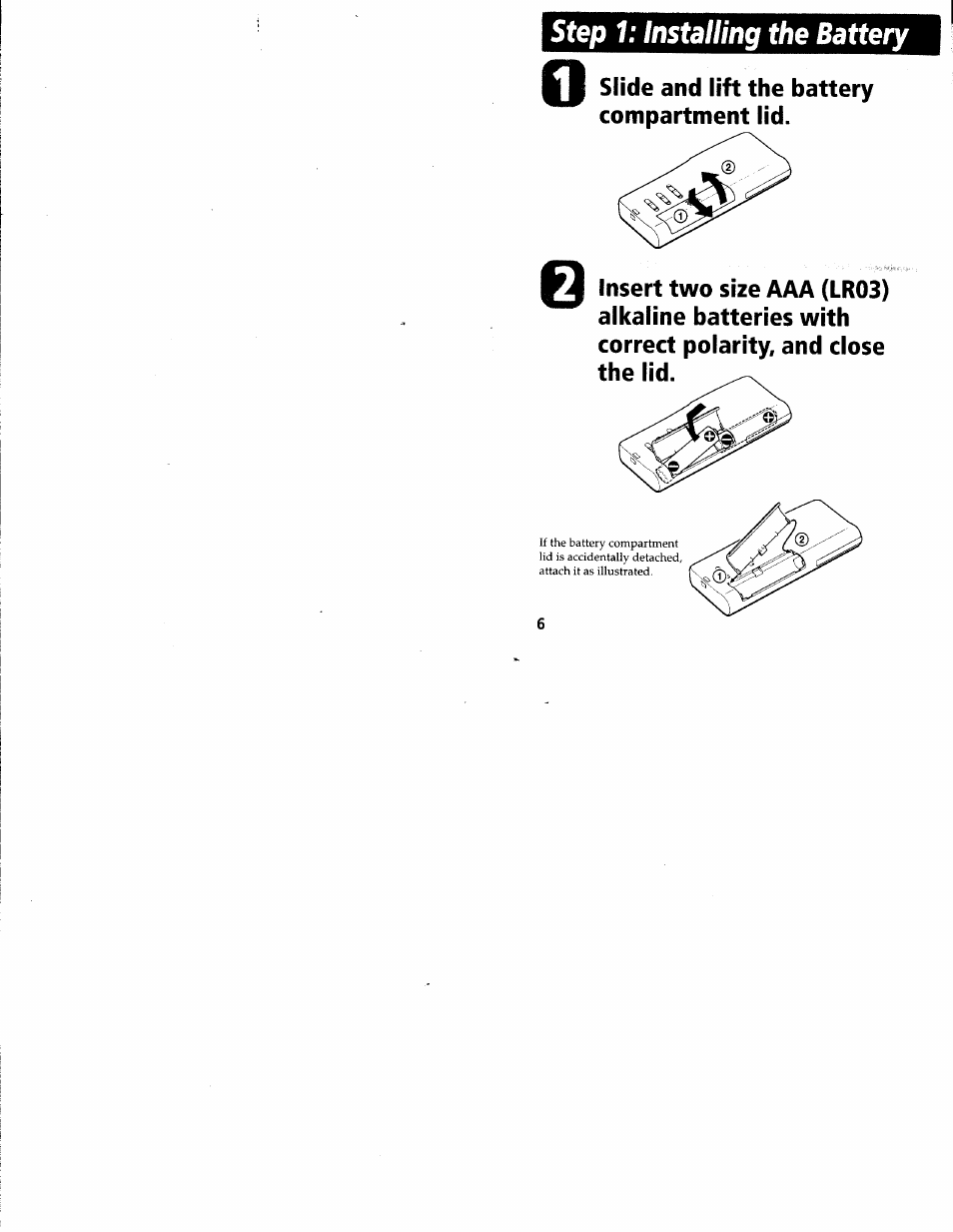 Step 1: installing the battery | Sony ICD-R100VTP User Manual | Page 7 / 50