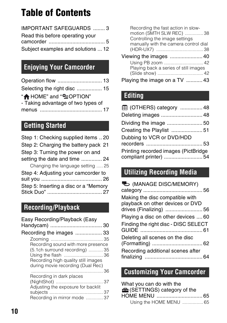 Sony HDR-UX5 User Manual | Page 10 / 143