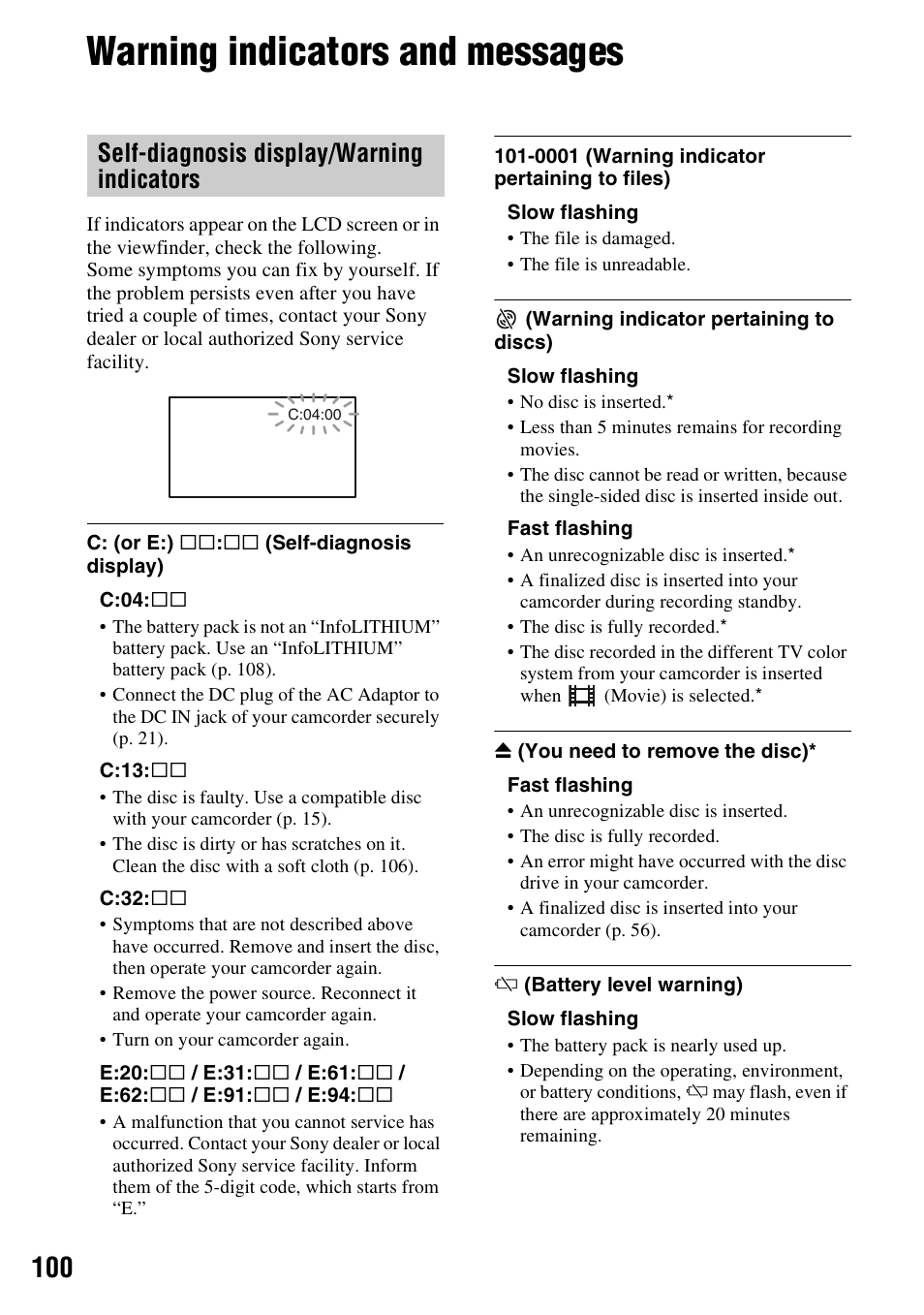 Warning indicators and messages, Self-diagnosis display/warning indicators | Sony HDR-UX5 User Manual | Page 100 / 143