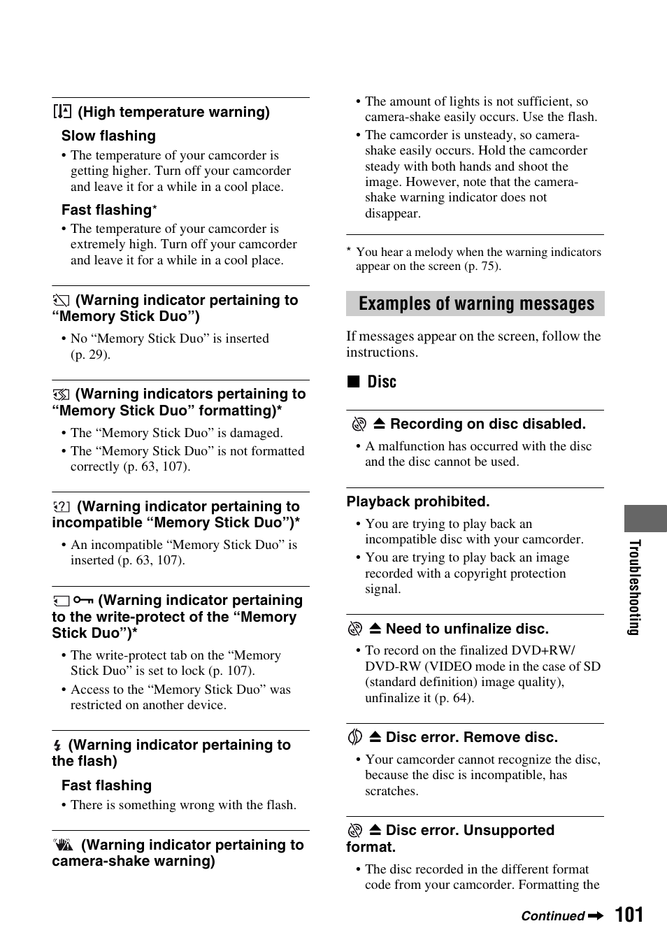 Examples of warning messages | Sony HDR-UX5 User Manual | Page 101 / 143