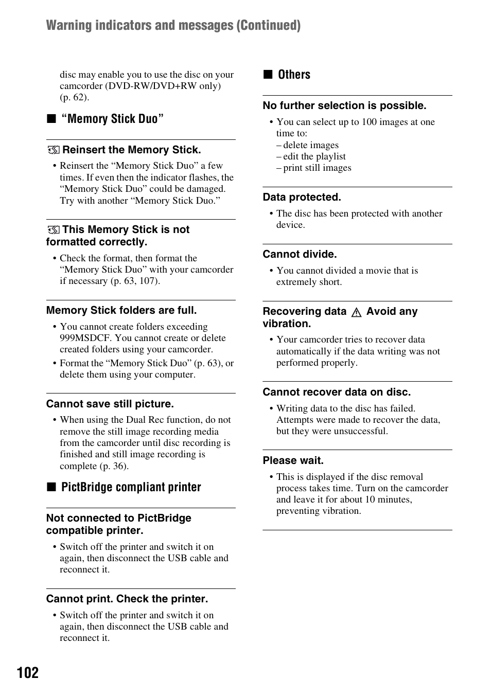Warning indicators and messages (continued) | Sony HDR-UX5 User Manual | Page 102 / 143