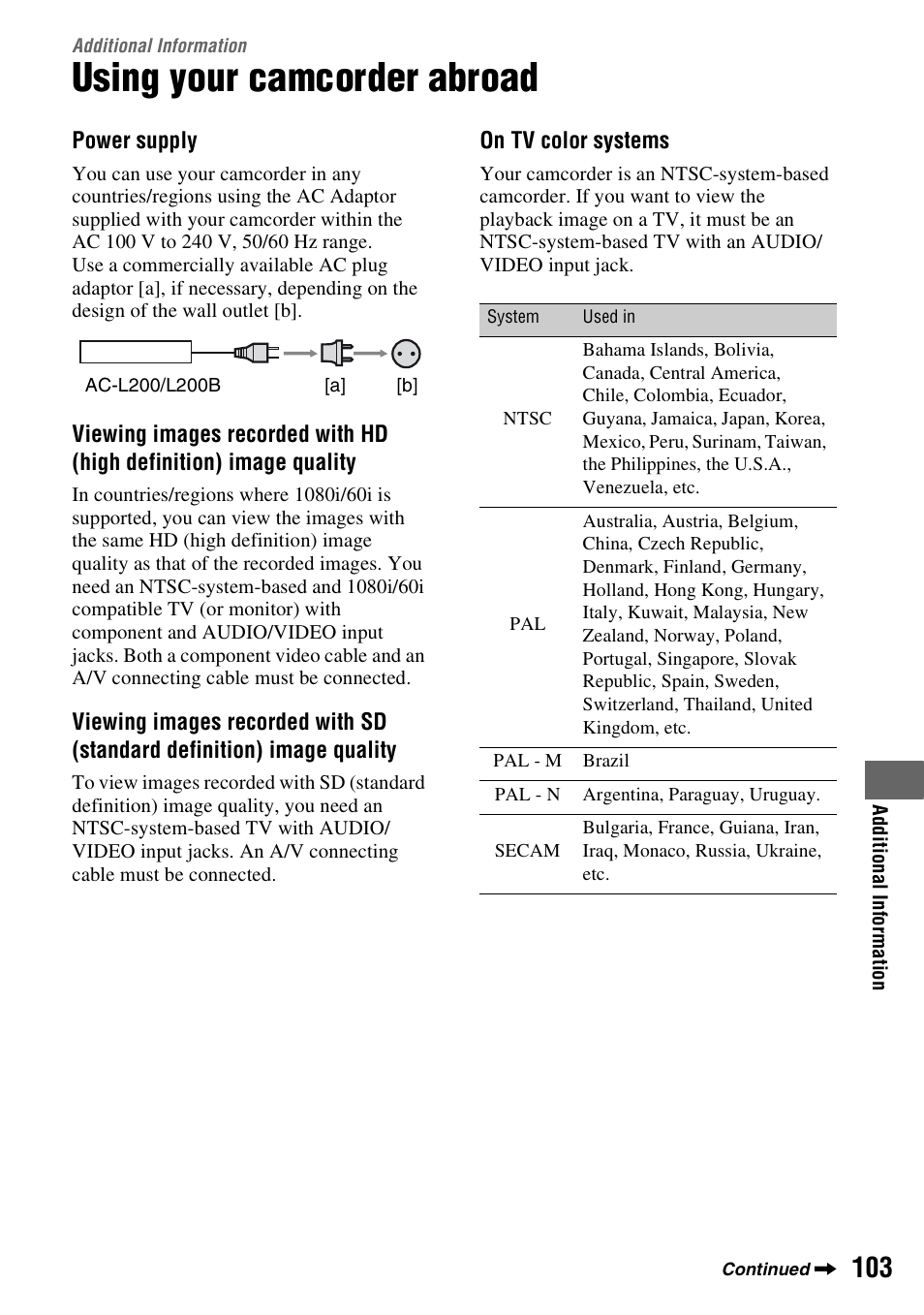 Additional information, Using your camcorder abroad | Sony HDR-UX5 User Manual | Page 103 / 143