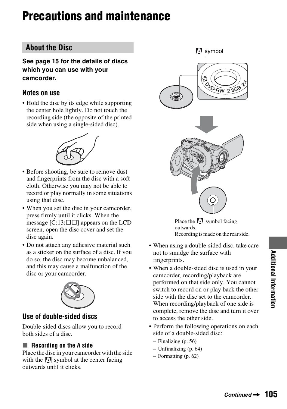 Precautions and maintenance, About the disc | Sony HDR-UX5 User Manual | Page 105 / 143