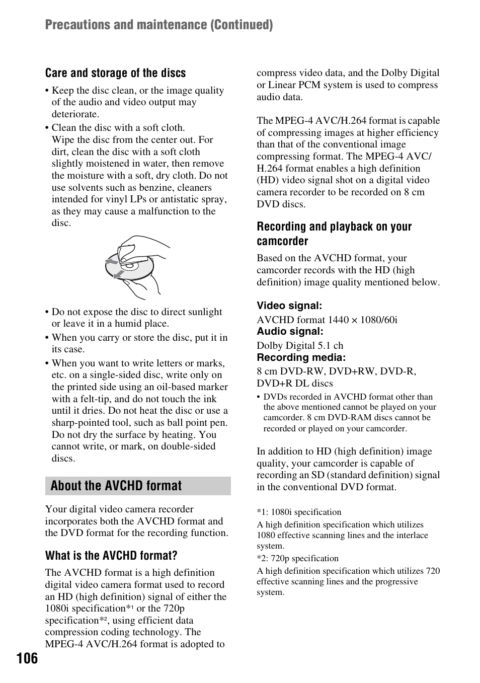 About the avchd format, P.106), P. 106) | Precautions and maintenance (continued) | Sony HDR-UX5 User Manual | Page 106 / 143