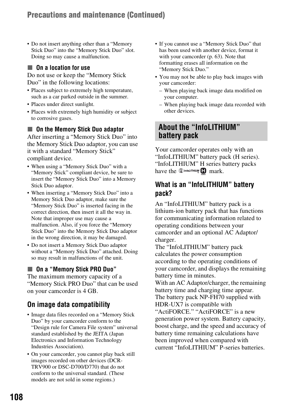 About the “infolithium” battery pack, P. 108), P. 108 | Precautions and maintenance (continued), On image data compatibility, What is an “infolithium” battery pack | Sony HDR-UX5 User Manual | Page 108 / 143