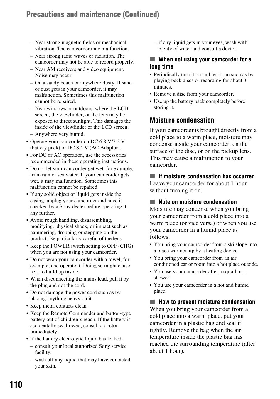 P. 110), P. 110, Precautions and maintenance (continued) | Moisture condensation | Sony HDR-UX5 User Manual | Page 110 / 143