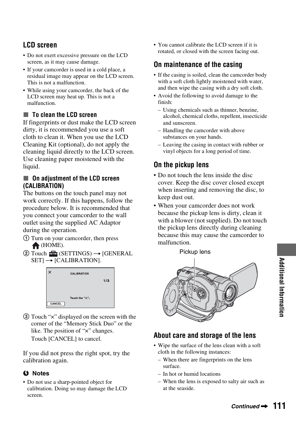 P. 111), P. 111, Lcd screen | On maintenance of the casing, On the pickup lens, About care and storage of the lens | Sony HDR-UX5 User Manual | Page 111 / 143