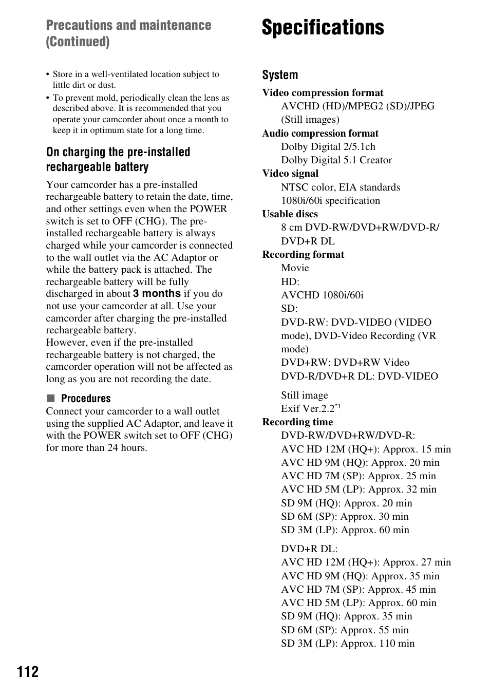 Specifications, P. 112), Precautions and maintenance (continued) | Sony HDR-UX5 User Manual | Page 112 / 143