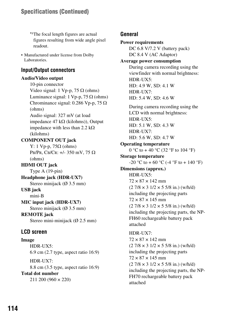 Specifications (continued) | Sony HDR-UX5 User Manual | Page 114 / 143