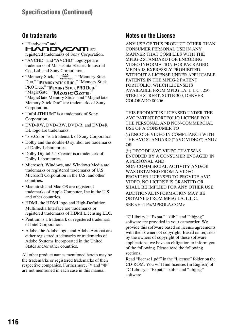 Specifications (continued), On trademarks | Sony HDR-UX5 User Manual | Page 116 / 143