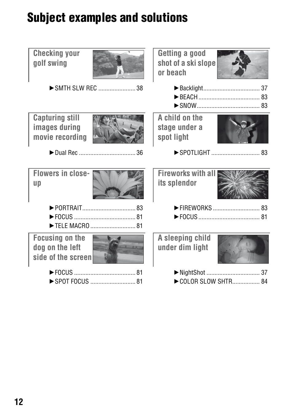 Subject examples and solutions | Sony HDR-UX5 User Manual | Page 12 / 143