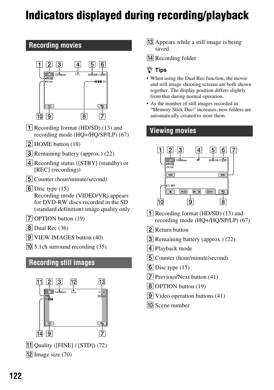 Indicators displayed during recording/playback | Sony HDR-UX5 User Manual | Page 122 / 143
