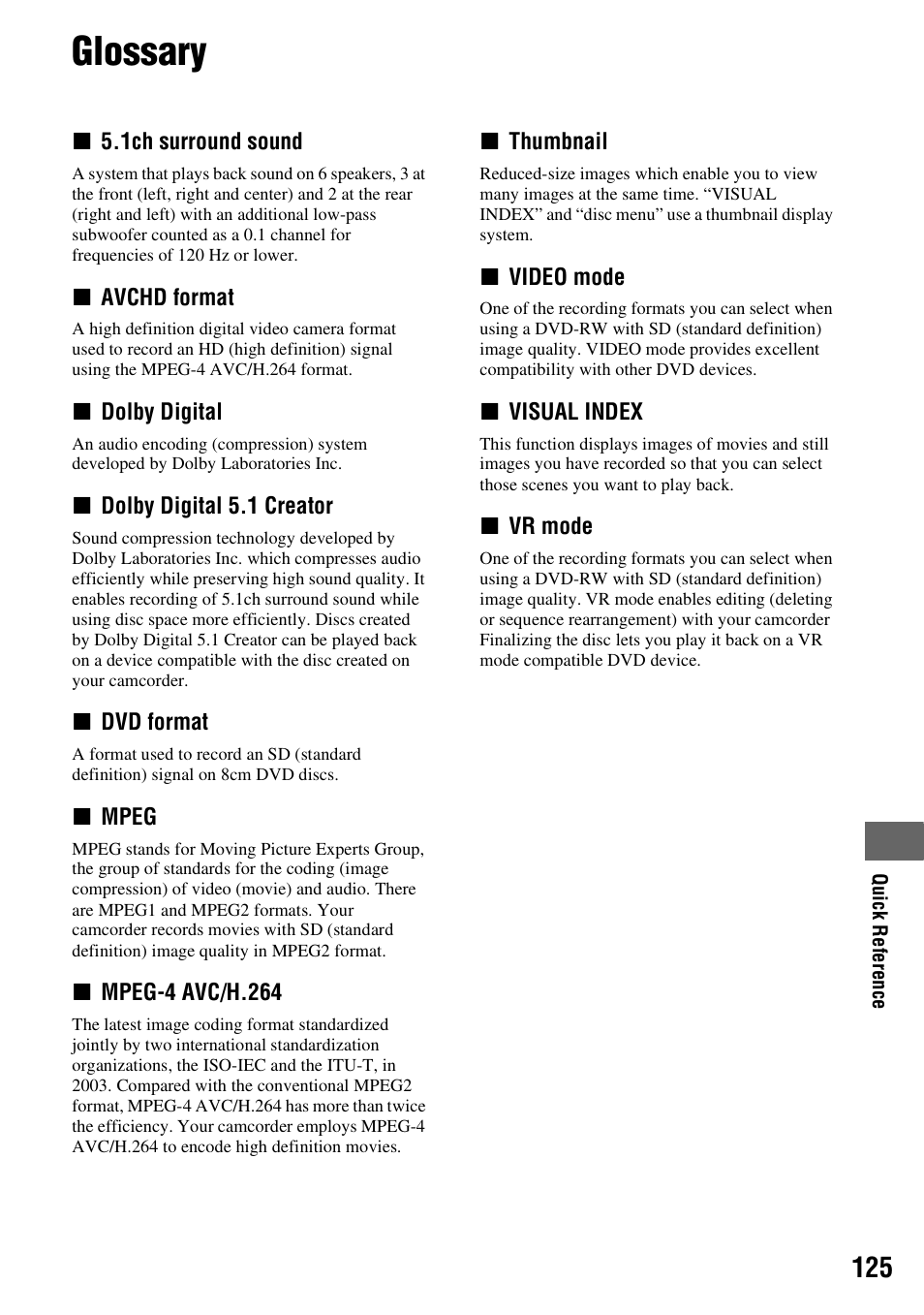 Glossary, At (p. 125) | Sony HDR-UX5 User Manual | Page 125 / 143