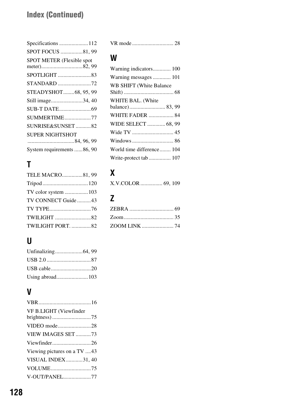 Index (continued) | Sony HDR-UX5 User Manual | Page 128 / 143