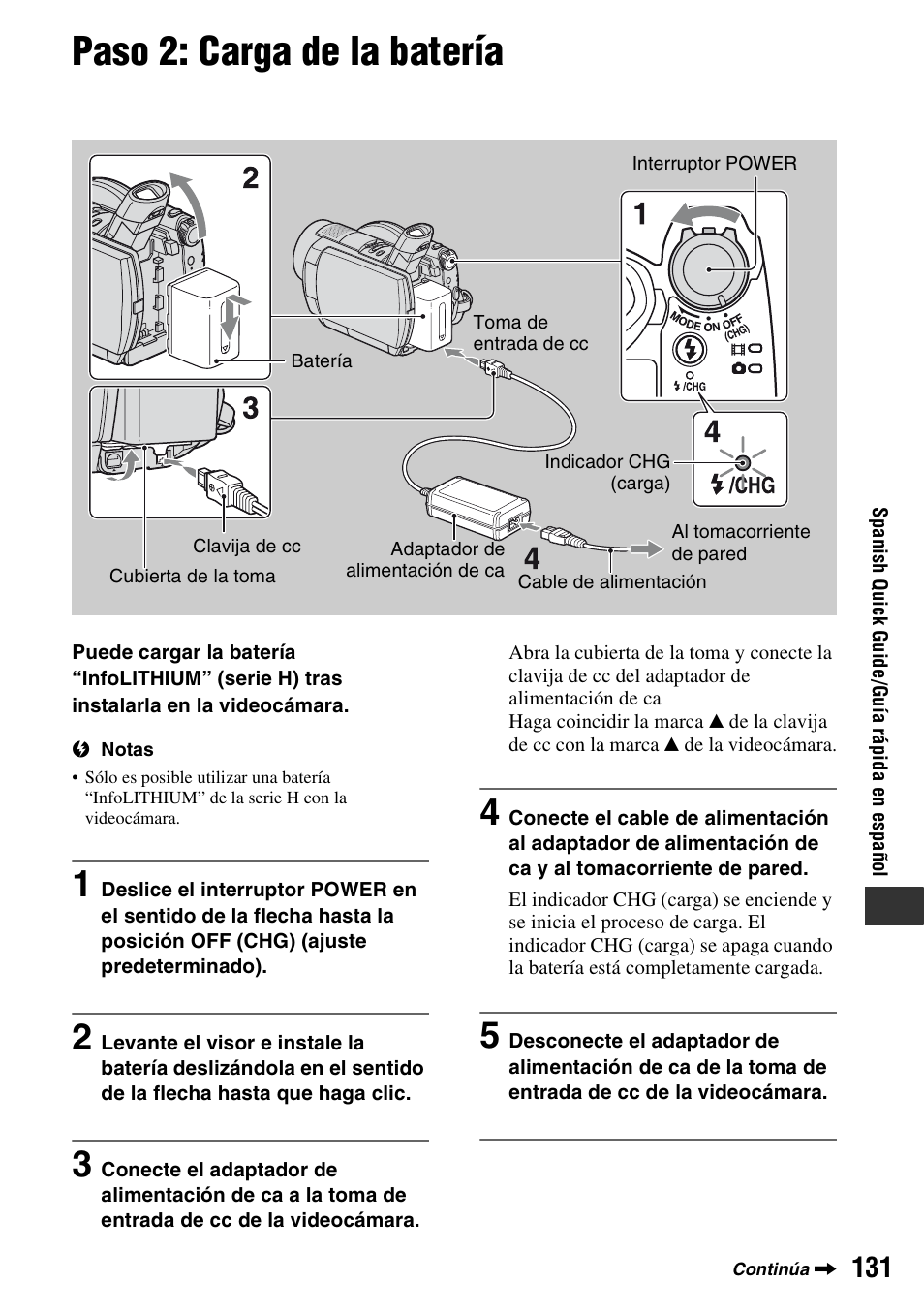 Paso 2: carga de la batería | Sony HDR-UX5 User Manual | Page 131 / 143