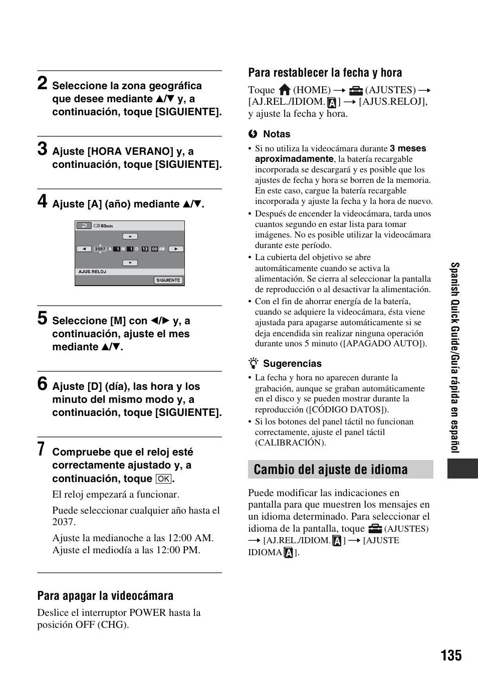 Cambio del ajuste de idioma | Sony HDR-UX5 User Manual | Page 135 / 143