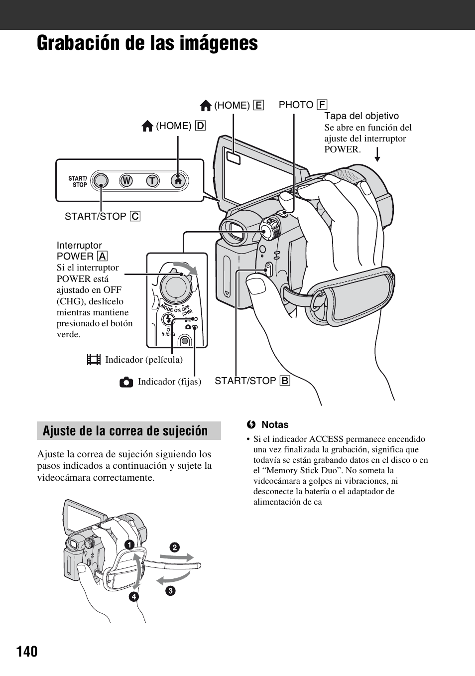 Grabación de las imágenes, Ajuste de la correa de sujeción | Sony HDR-UX5 User Manual | Page 140 / 143