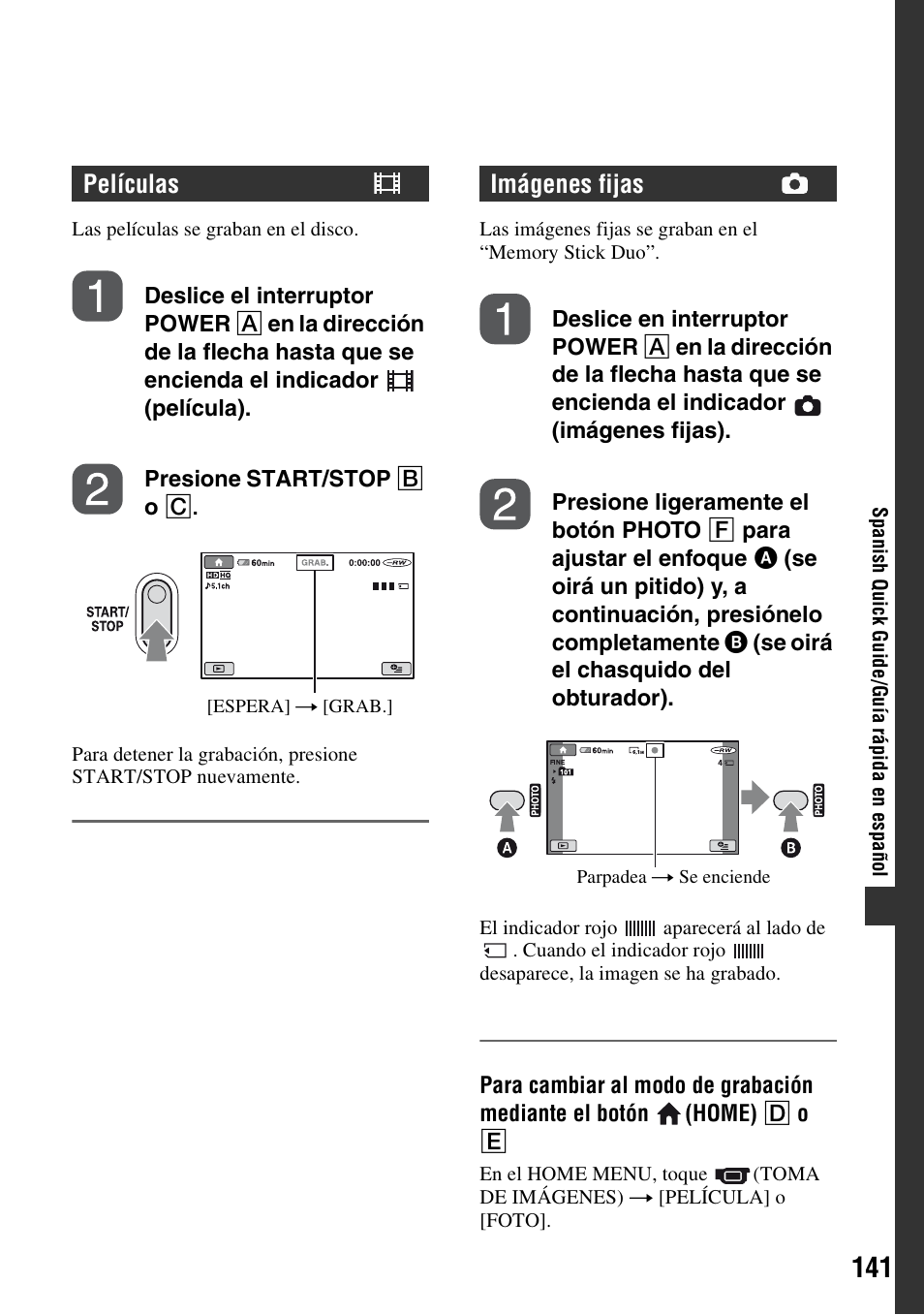 Películas, Imágenes fijas | Sony HDR-UX5 User Manual | Page 141 / 143