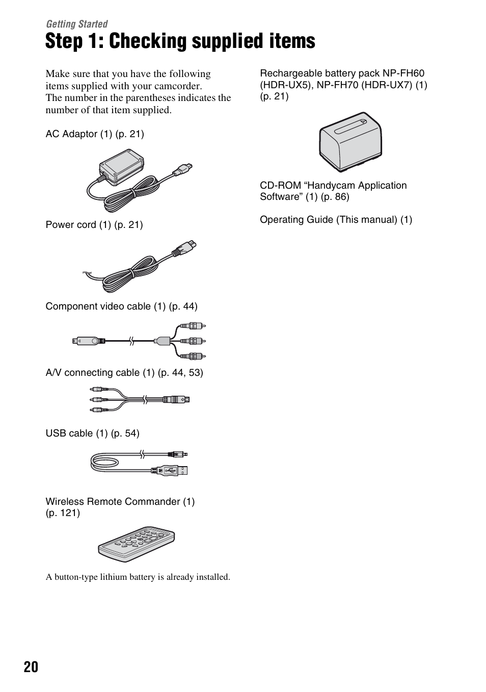 Getting started, Step 1: checking supplied items | Sony HDR-UX5 User Manual | Page 20 / 143
