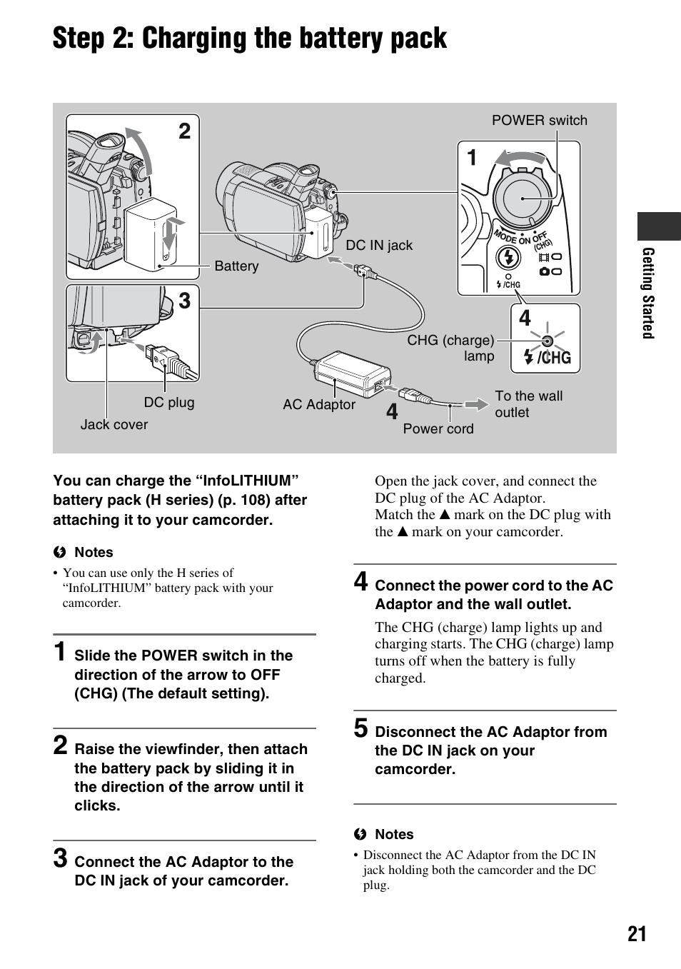 Step 2: charging the battery pack, Step 2: charging the battery pack 21, R (1) (p. 21) | Rd (1) (p. 21), P. 21) | Sony HDR-UX5 User Manual | Page 21 / 143