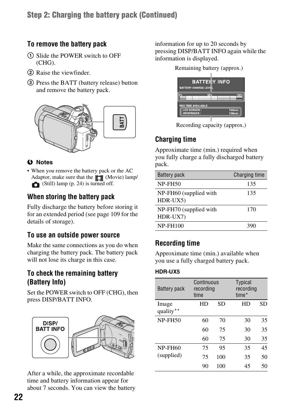 Step 2: charging the battery pack (continued) | Sony HDR-UX5 User Manual | Page 22 / 143