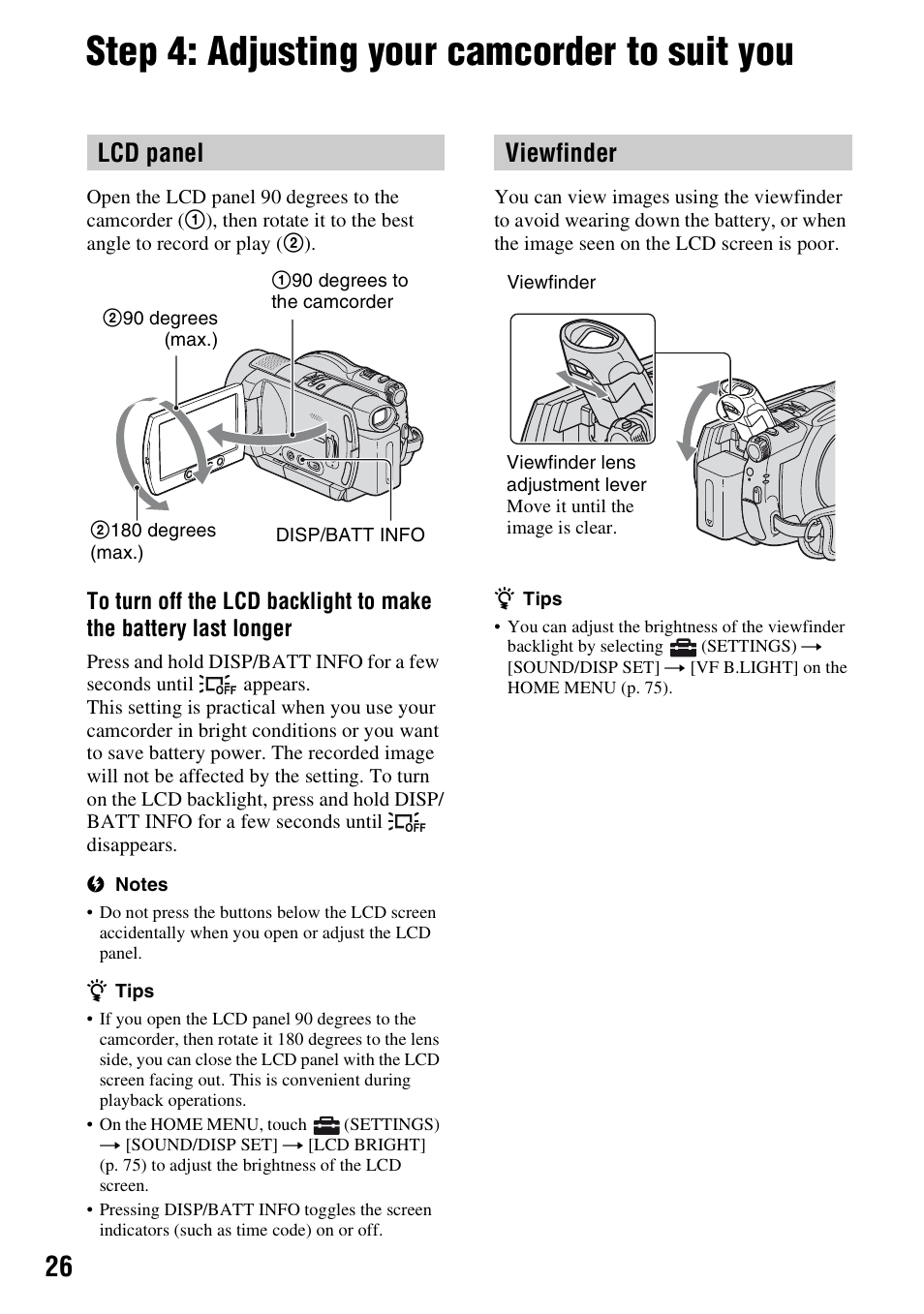 Step 4: adjusting your camcorder to suit you, Lcd panel, Viewfinder | Sony HDR-UX5 User Manual | Page 26 / 143