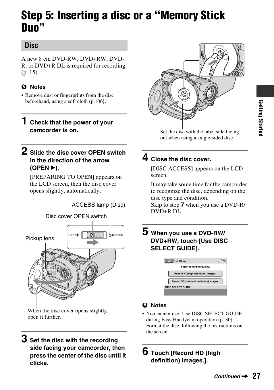 Step 5: inserting a disc or a “memory stick duo, P. 27) | Sony HDR-UX5 User Manual | Page 27 / 143