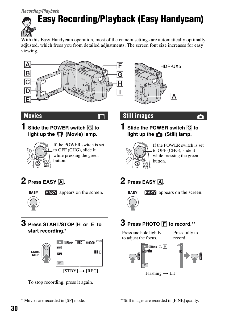 Recording/playback, Easy recording/playback (easy handycam), Recording/playback 30 | Tion (p. 30, Ation (p. 30), N (p. 30) | Sony HDR-UX5 User Manual | Page 30 / 143