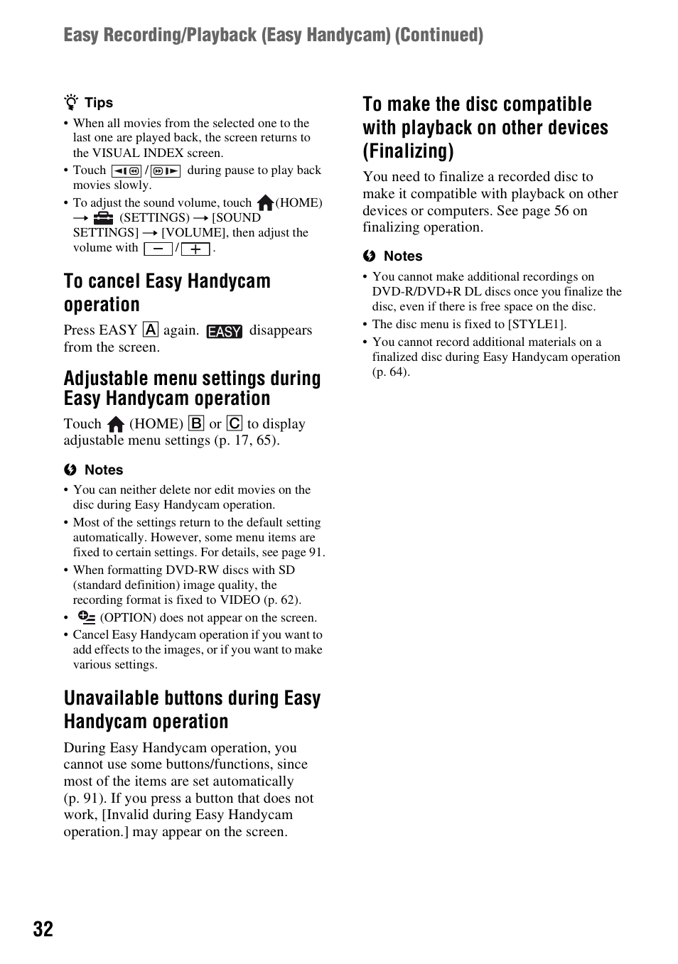 Unavailable buttons during easy handycam operation | Sony HDR-UX5 User Manual | Page 32 / 143