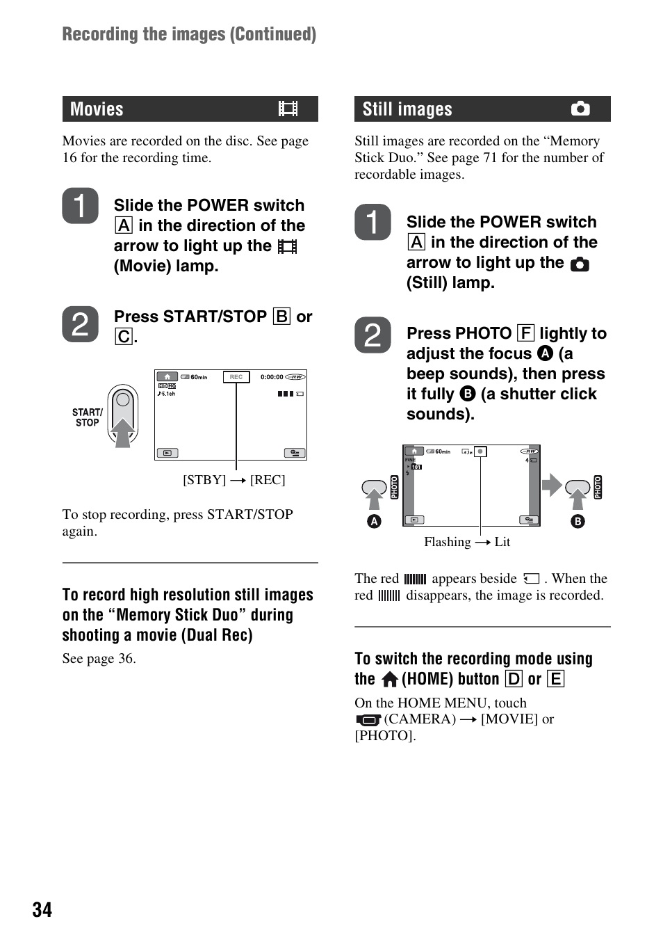 Recording the images (continued), Movies, Still images | Sony HDR-UX5 User Manual | Page 34 / 143