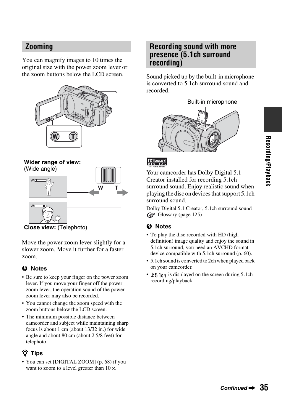 Zooming | Sony HDR-UX5 User Manual | Page 35 / 143