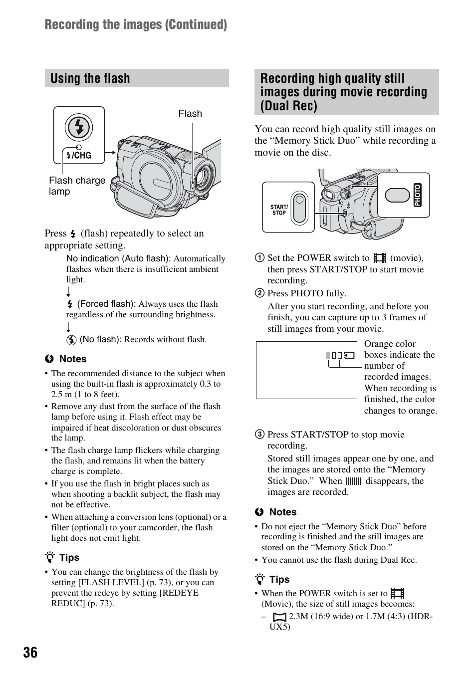 Using the flash, Recording the images (continued) | Sony HDR-UX5 User Manual | Page 36 / 143