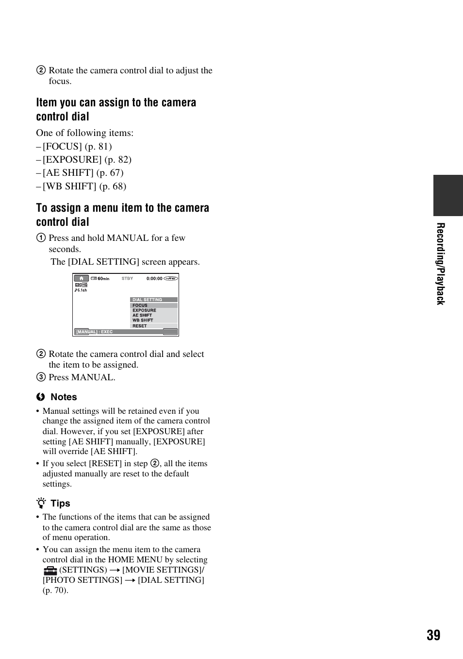 Item you can assign to the camera control dial | Sony HDR-UX5 User Manual | Page 39 / 143