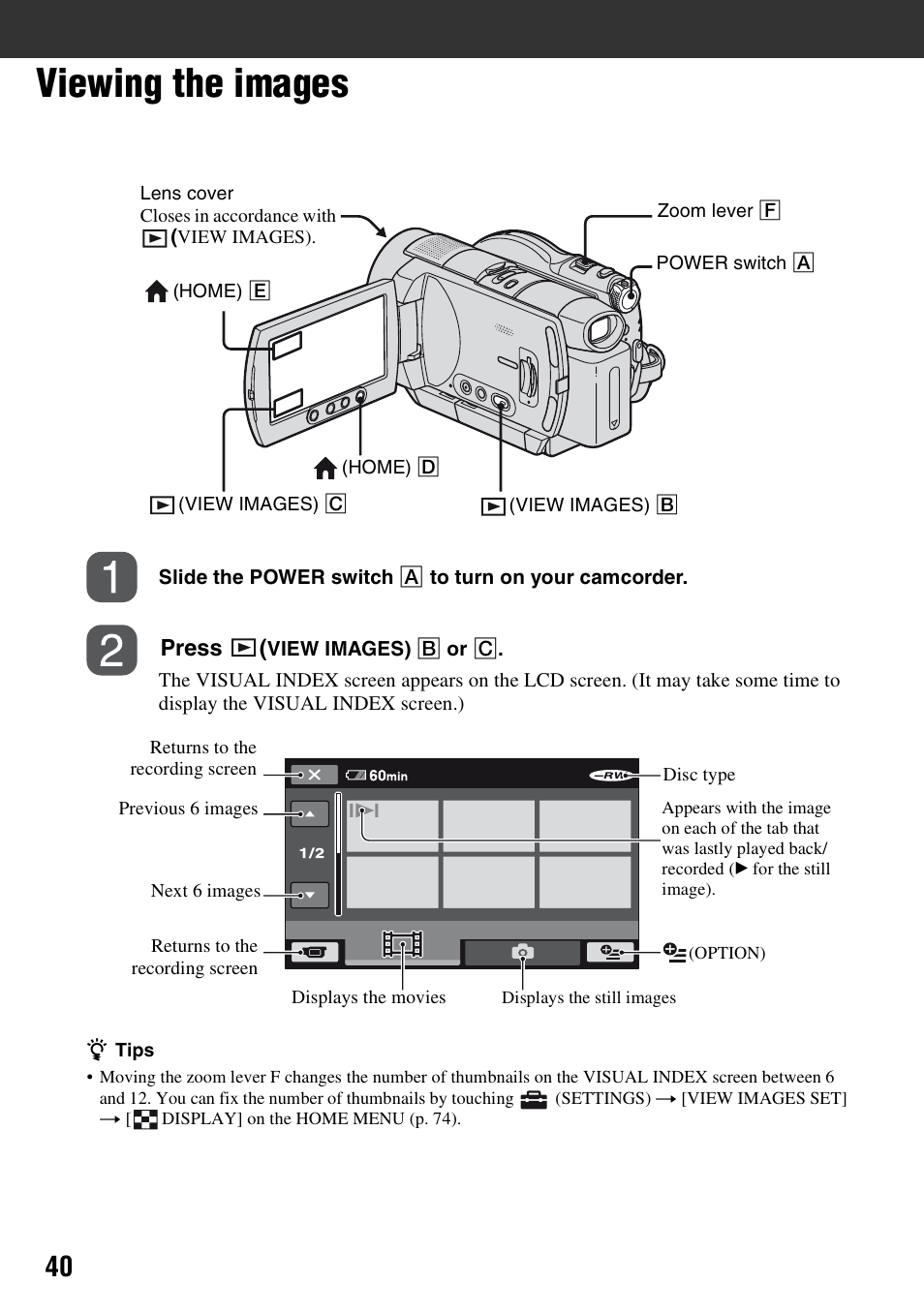 Viewing the images | Sony HDR-UX5 User Manual | Page 40 / 143