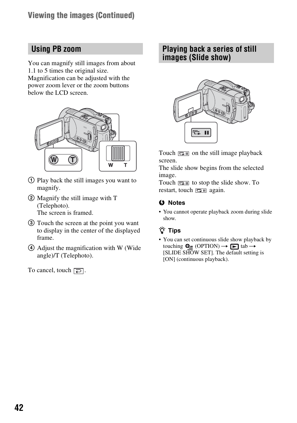 Using pb zoom, Playing back a series of still images (slide show), Viewing the images (continued) | Sony HDR-UX5 User Manual | Page 42 / 143