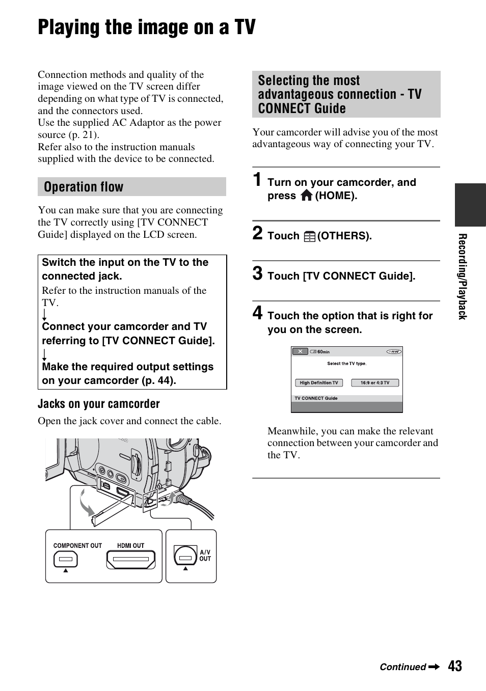 Playing the image on a tv, P. 43) | Sony HDR-UX5 User Manual | Page 43 / 143