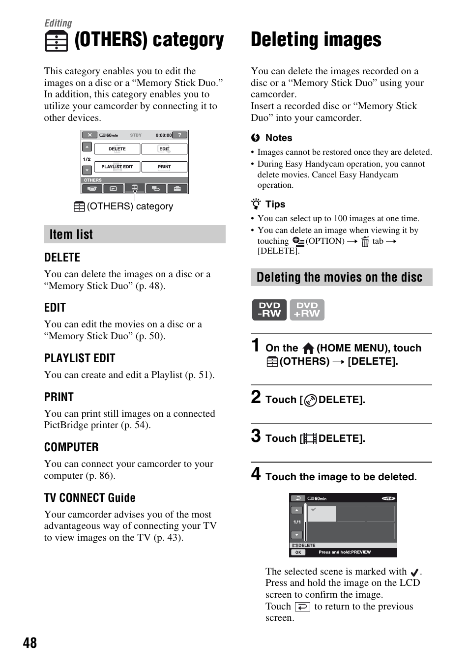 Editing, Others) category, Deleting images | Item list, Deleting the movies on the disc | Sony HDR-UX5 User Manual | Page 48 / 143