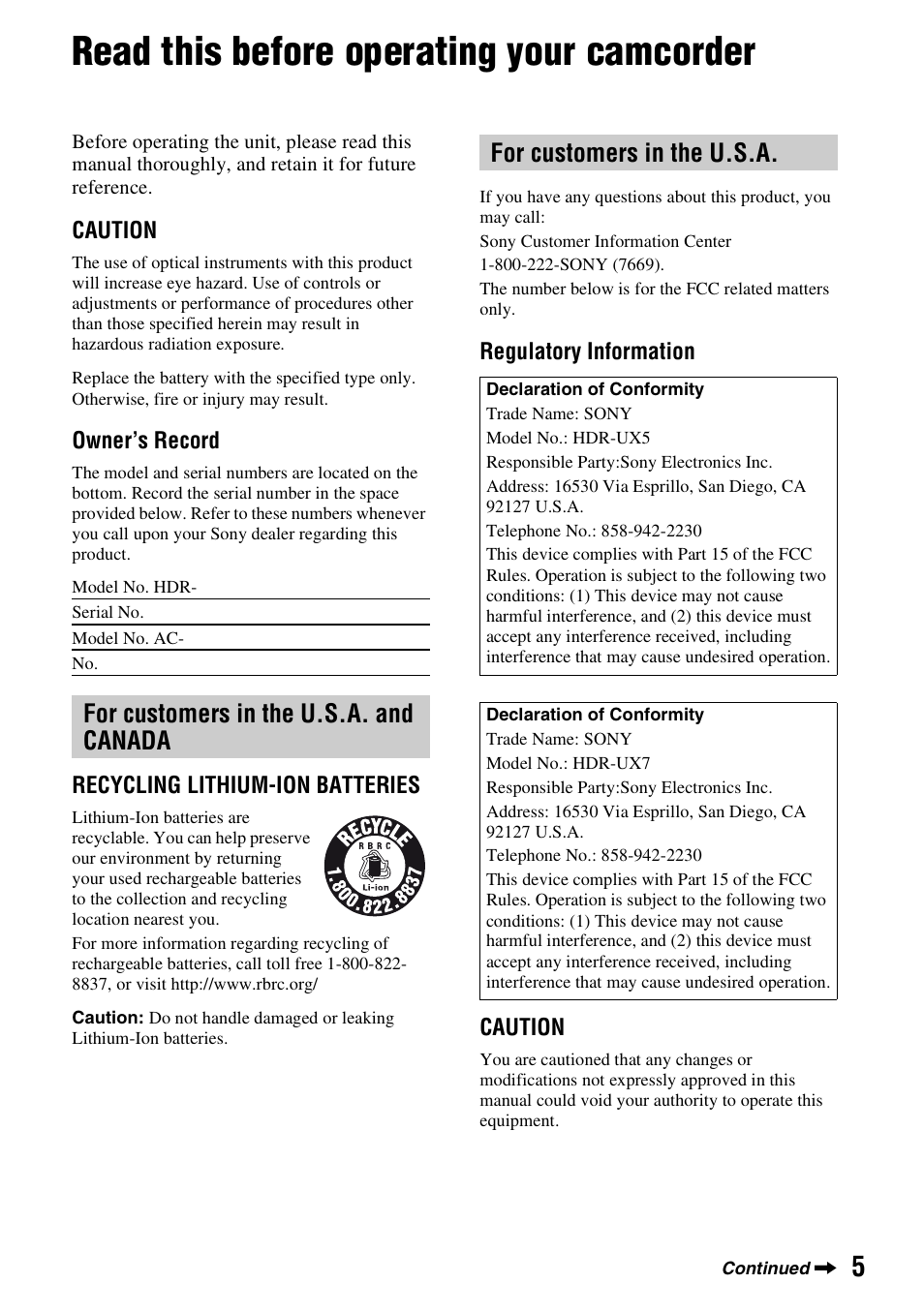 Read this before operating your camcorder | Sony HDR-UX5 User Manual | Page 5 / 143