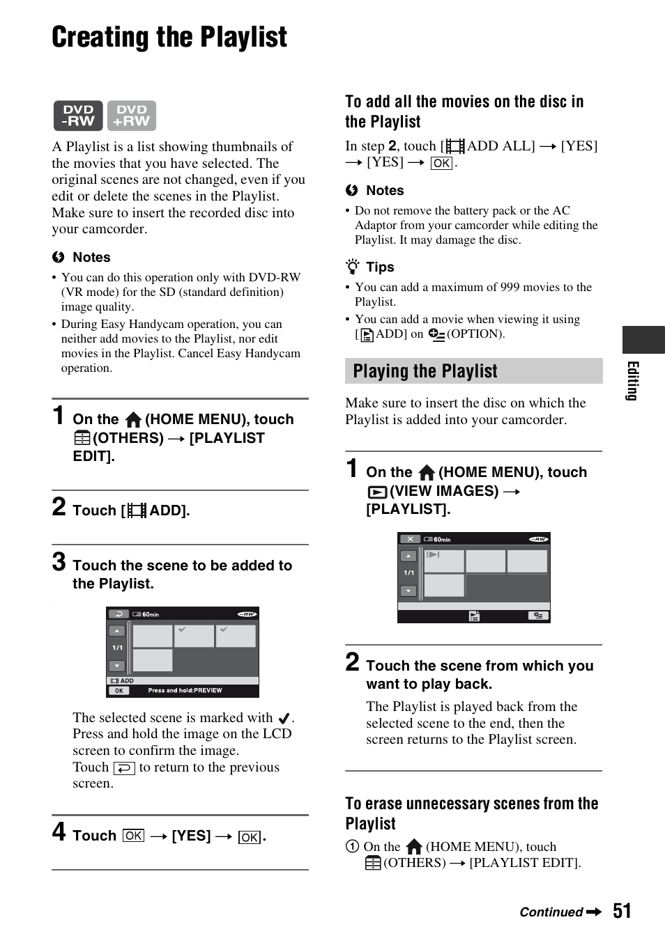 Creating the playlist, P. 51), Playing the playlist | Sony HDR-UX5 User Manual | Page 51 / 143