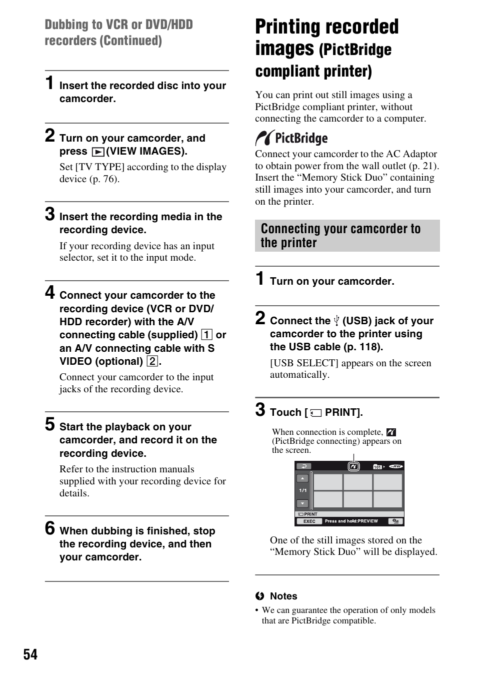 P. 54), P. 54, Printing recorded images | Pictbridge compliant printer) | Sony HDR-UX5 User Manual | Page 54 / 143