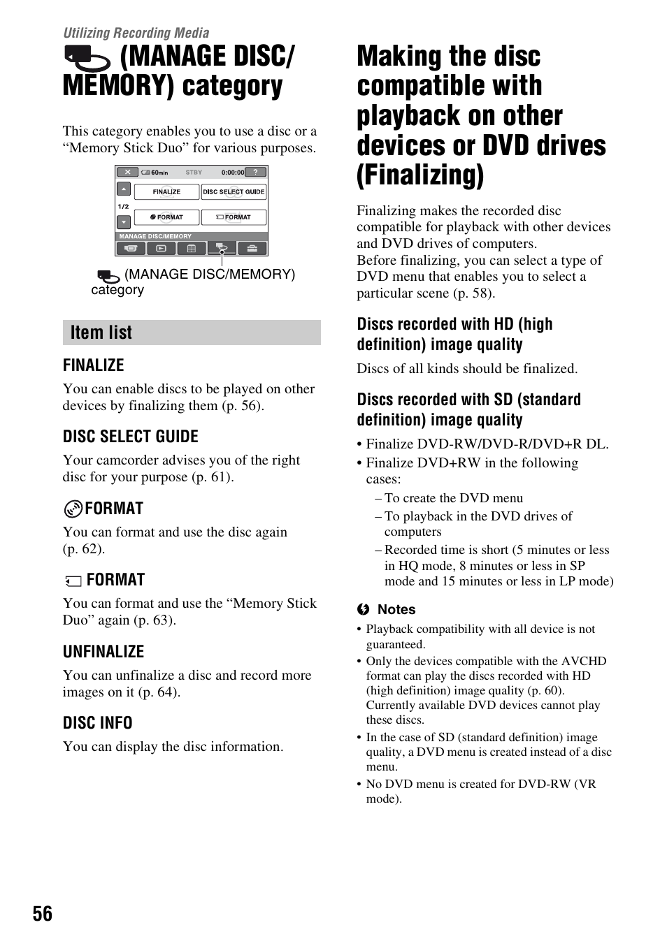 Utilizing recording media, Manage disc/ memory) category, Manage disc/memory) | Category, Item list | Sony HDR-UX5 User Manual | Page 56 / 143