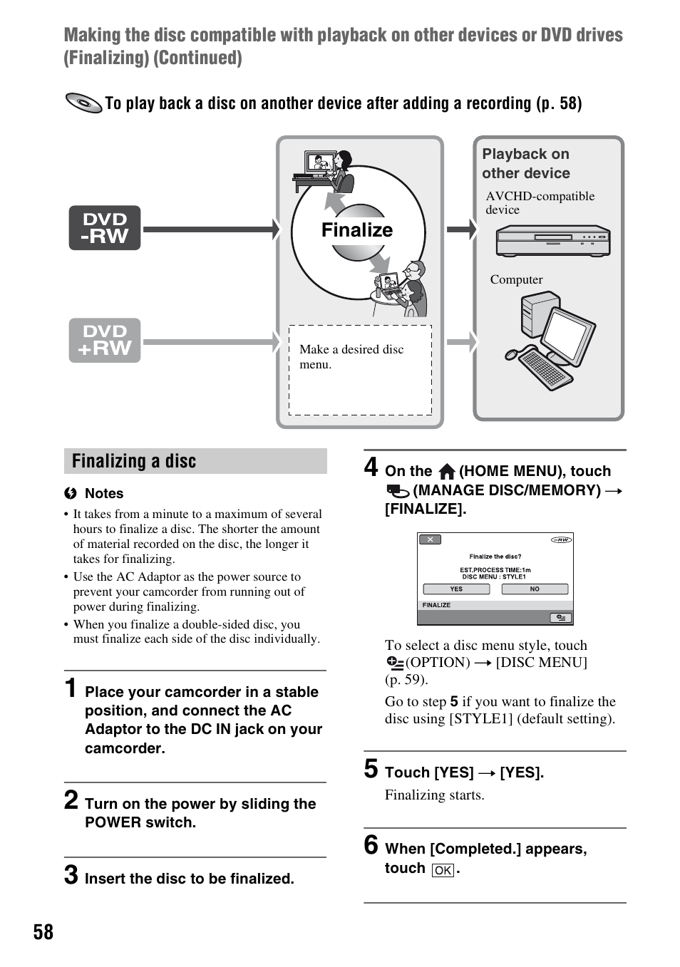 P. 58), Finalize | Sony HDR-UX5 User Manual | Page 58 / 143