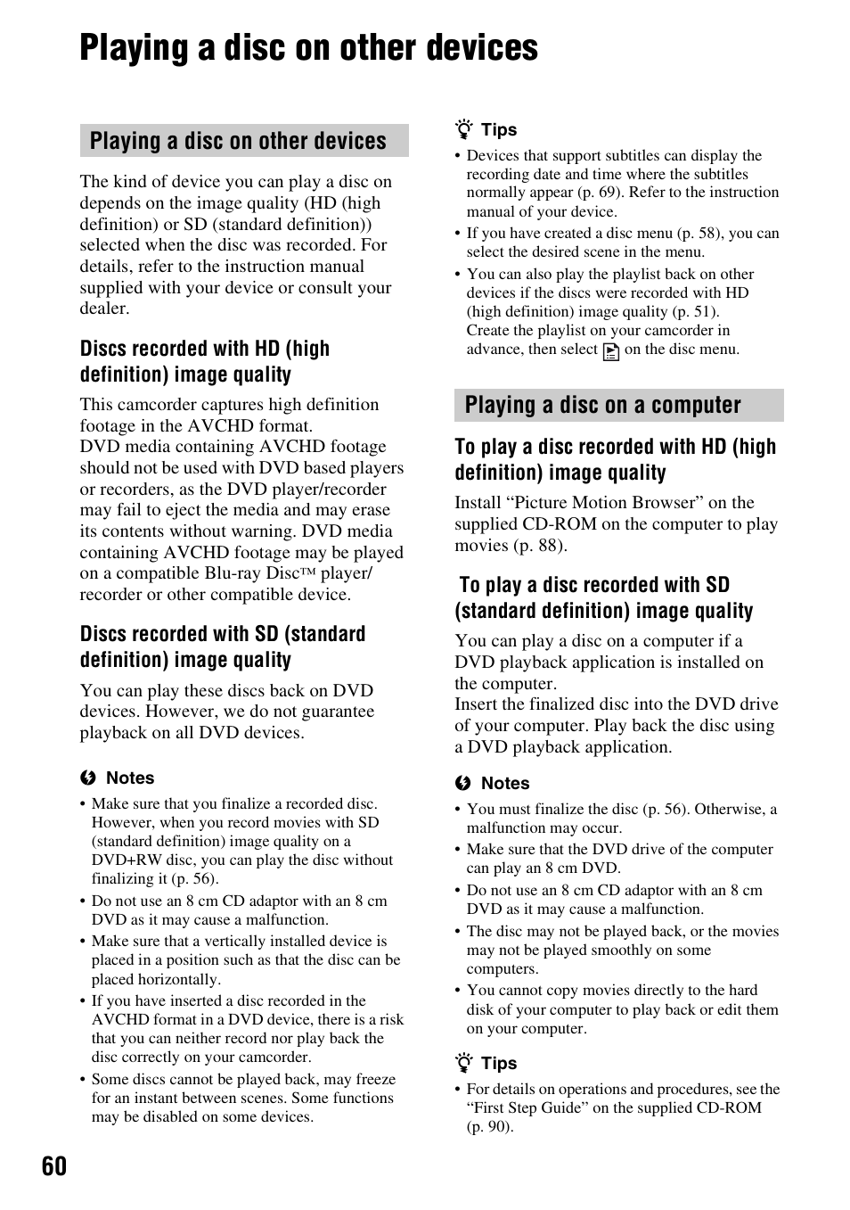 Playing a disc on other devices, P. 60), S (p. 60 | P. 60 | Sony HDR-UX5 User Manual | Page 60 / 143